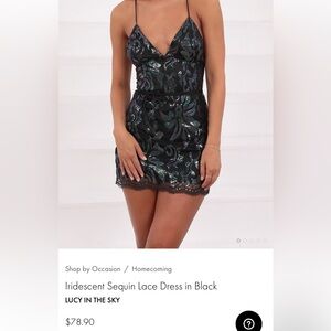 Lucy in the sky iridescent sequin lace dress in black homecoming mini dress